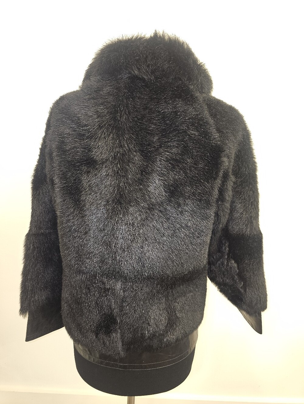 Black Double Breasted Fur & Imported Sheepskin Leather Jacket - Picture 4 of 11